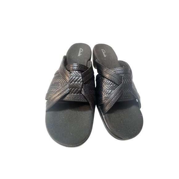 Clarks Black Woven Slide Sandals Womens Size‎ 8.5 Comfortable Slip-On Shoes - Picture 2 of 7